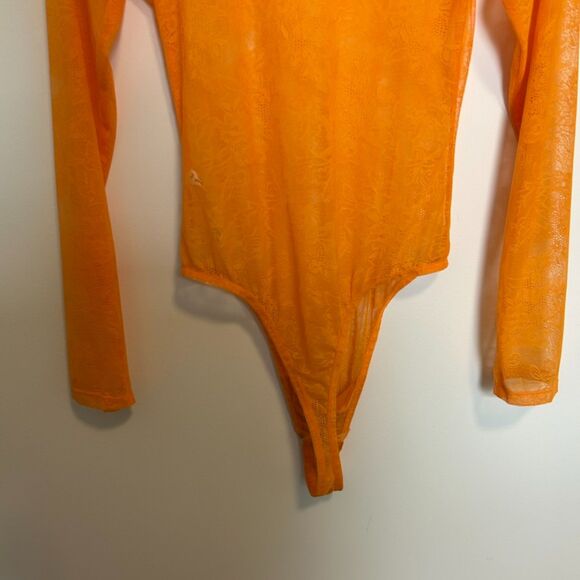 BY ANTHROPOLOGIE Sheer Lace Long-sleeve Bodysuit In Orange One-piece Medium - Picture 13 of 14
